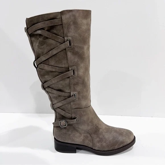 Journee Collection Carly Tall Riding Boots Strap Detail Taupe Wide Calf 6.5 NEW - Picture 8 of 16